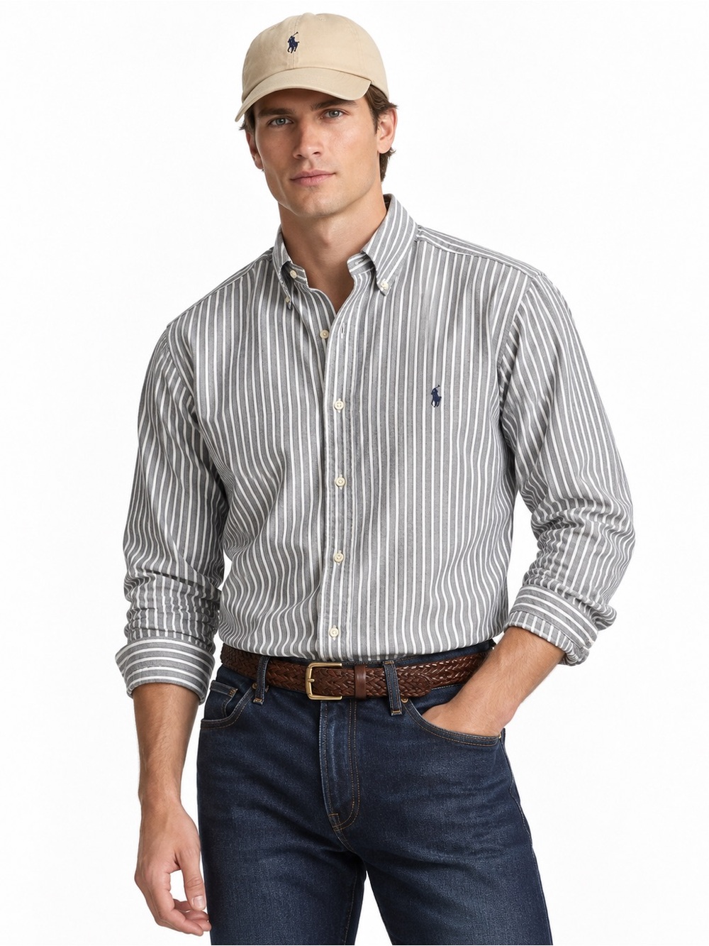 Polo Ralph Lauren Men 3XLT Gray White Stripe Oxford Button Down Shirt Big Tall